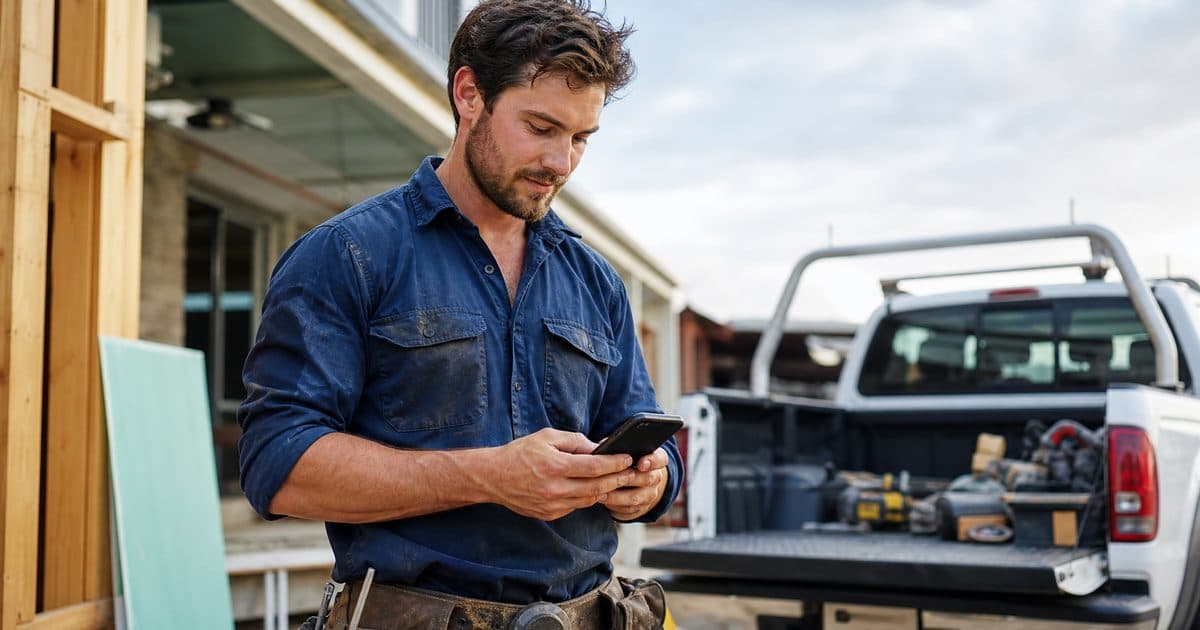 Australian tradie on a job site reviewing leads and jobs on a smartphone