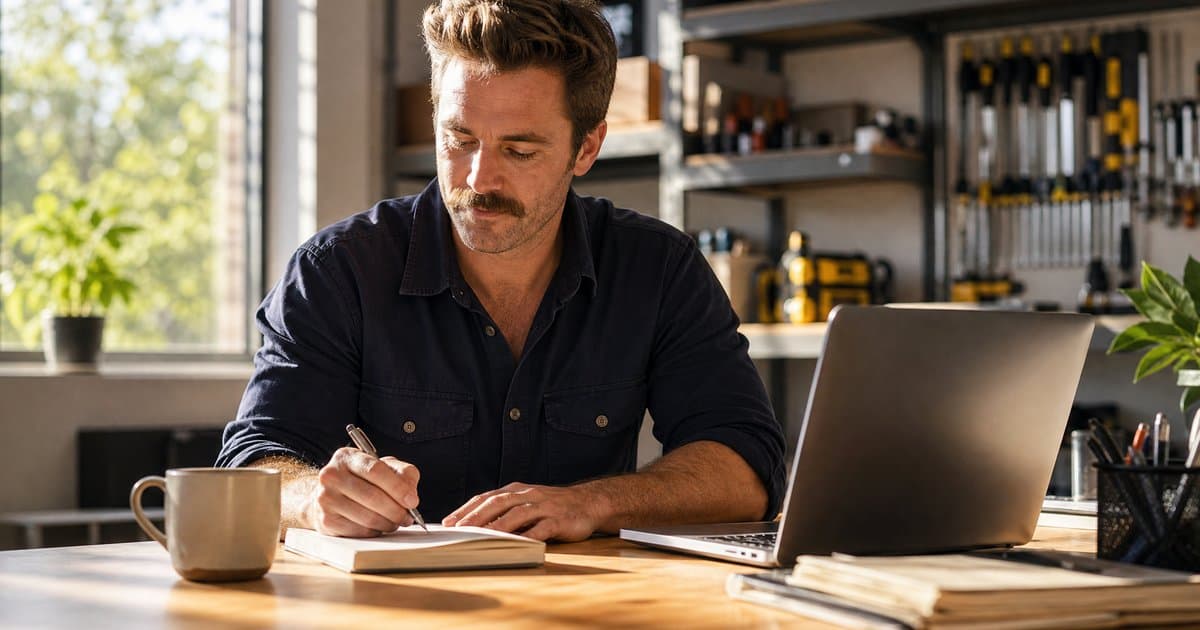 Australian service business owner planning at a tidy desk at end of financial year