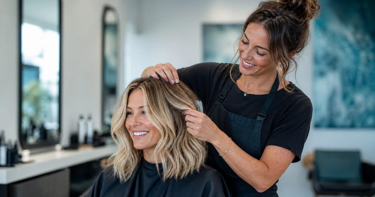 Hairstylist with a happy client in a bright modern Australian salon
