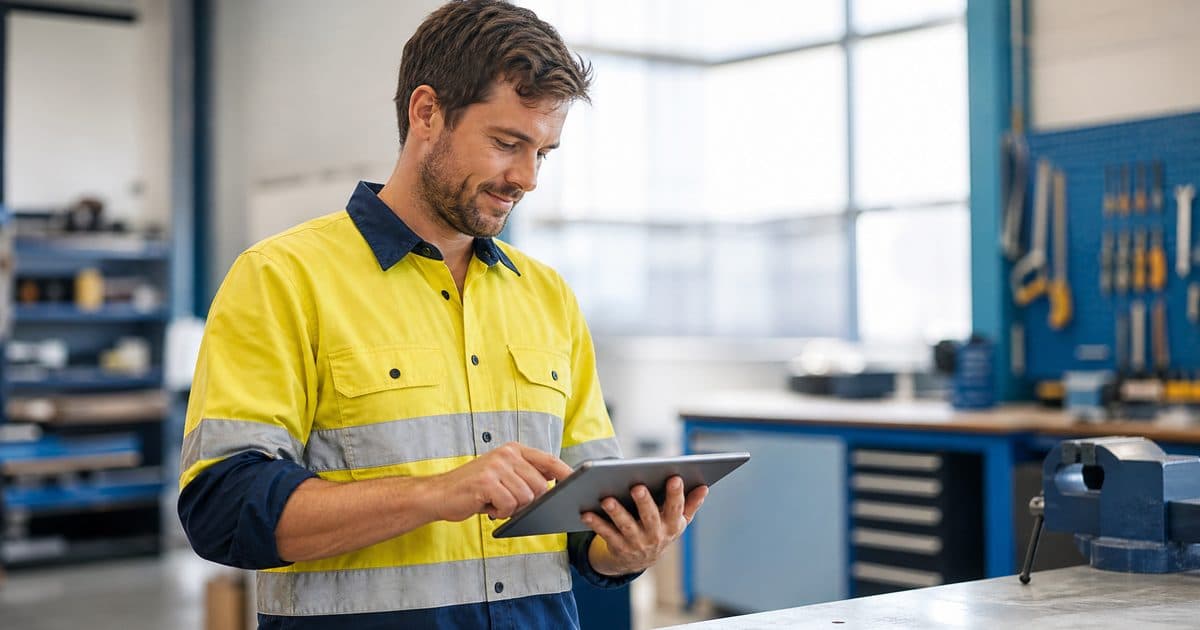 Tradie managing jobs and marketing from a tablet in a workshop
